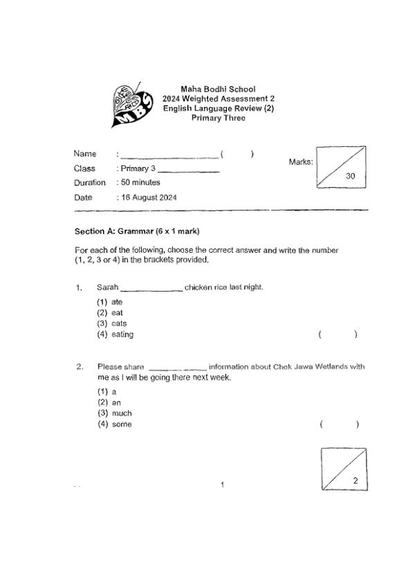 First page preview of P3 Eng 2024 WA2 — Maha Bodhi