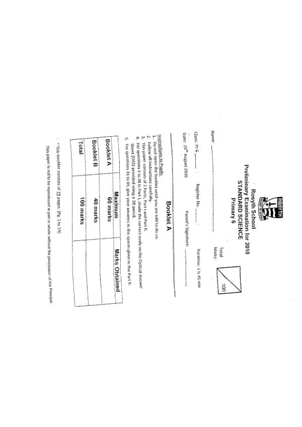 Rosyth P6 Sci SA2 2010 exam paper PDF first page preview