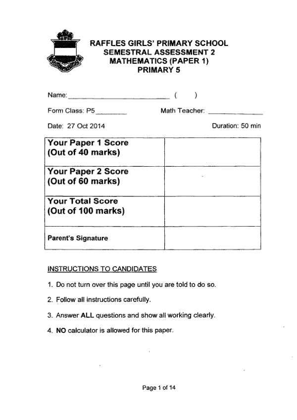 Raffles Girls P5 Math SA2 2014 exam paper PDF preview