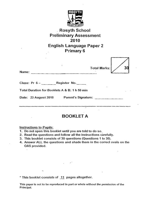 Rosyth P6 Eng SA2 2010 exam paper PDF first page preview