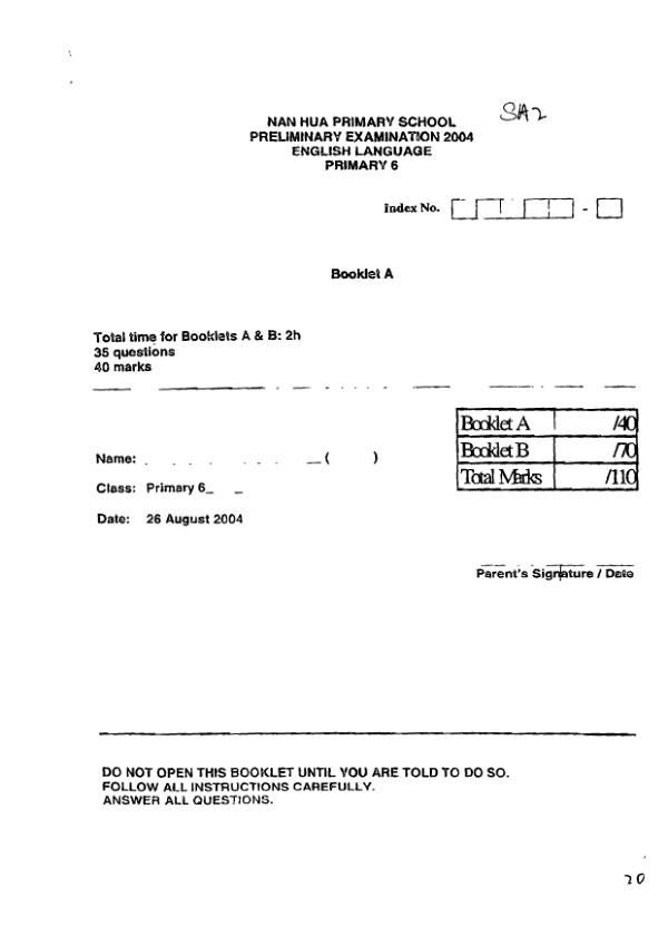Nan Hua P6 Eng SA2 2004 exam paper PDF preview
