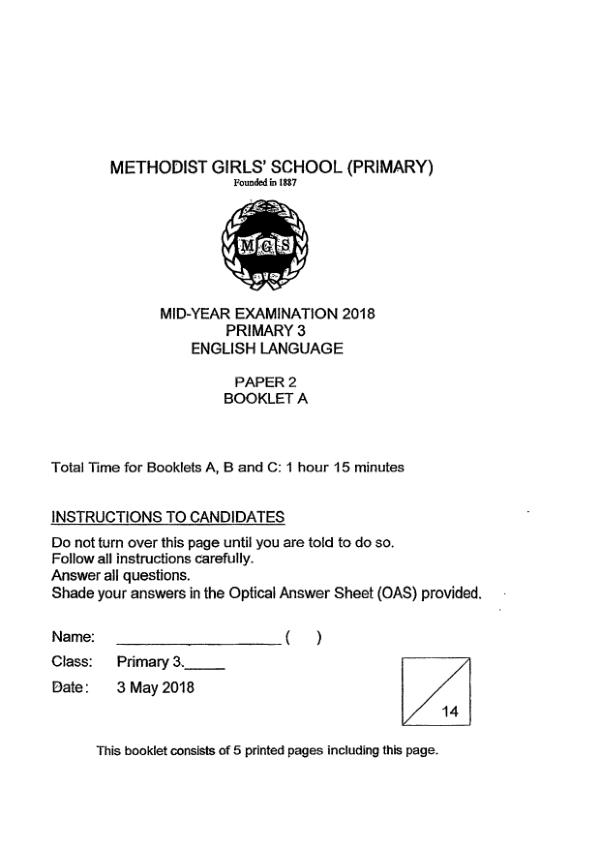 Methodist Girls P3 Eng WA2 2018 exam paper PDF first page preview