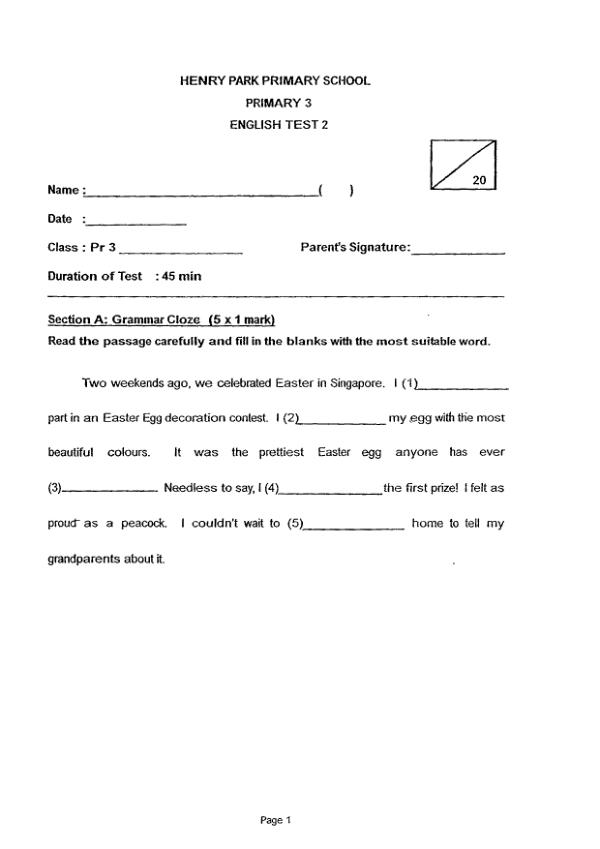 Henry Park P3 Eng WA2 2013 exam paper PDF preview