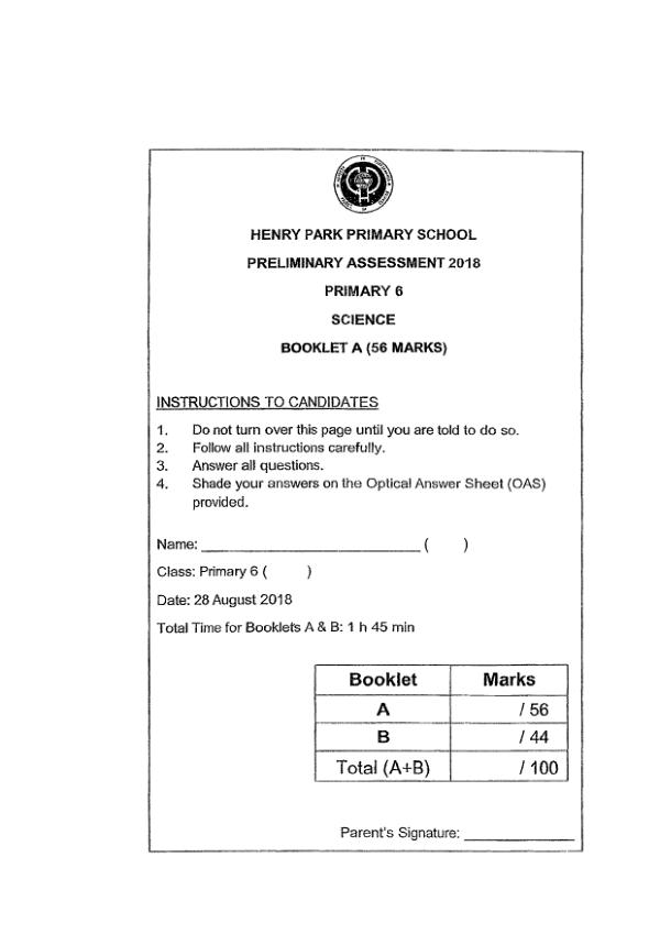 Henry Park P6 Sci SA2 2018 exam paper PDF first page preview