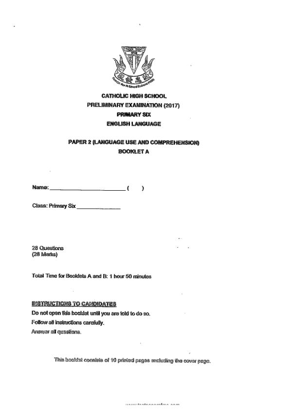 Catholic High P6 Eng SA2 2017 exam paper PDF first page preview