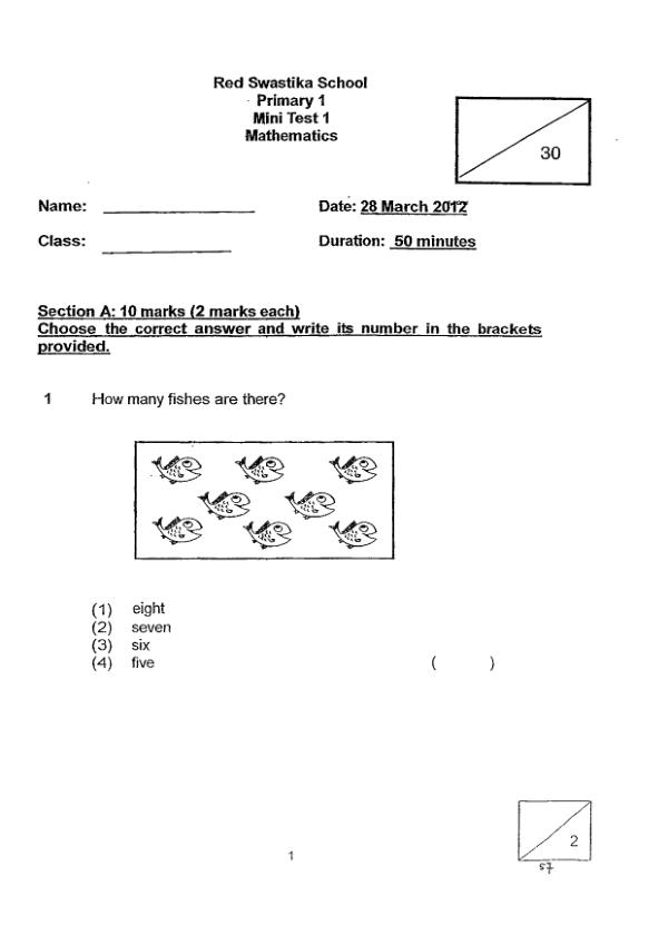 Red Swastika P1 Math WA1 2012 exam paper PDF preview