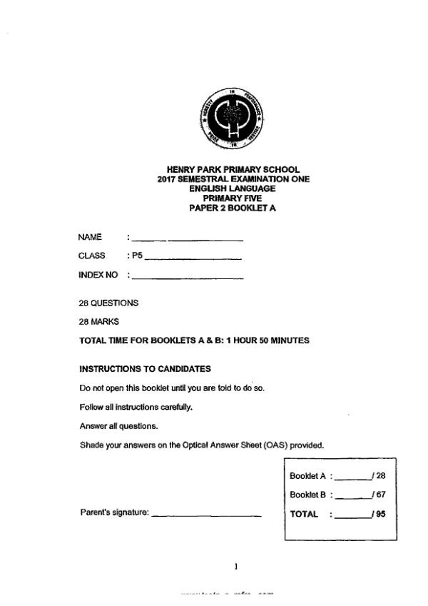 Henry Park P5 Eng WA2 2017 exam paper PDF first page preview