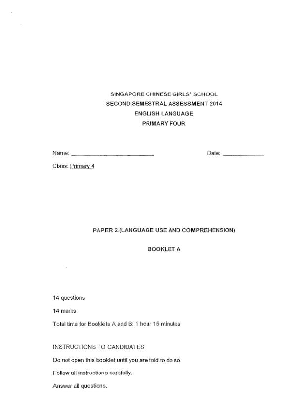 Singapore Chinese Girls P4 Eng SA2 2014 exam paper PDF preview