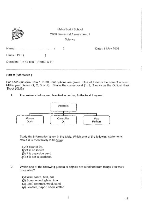 Maha Bodhi P6 Sci WA2 2008 exam paper PDF preview