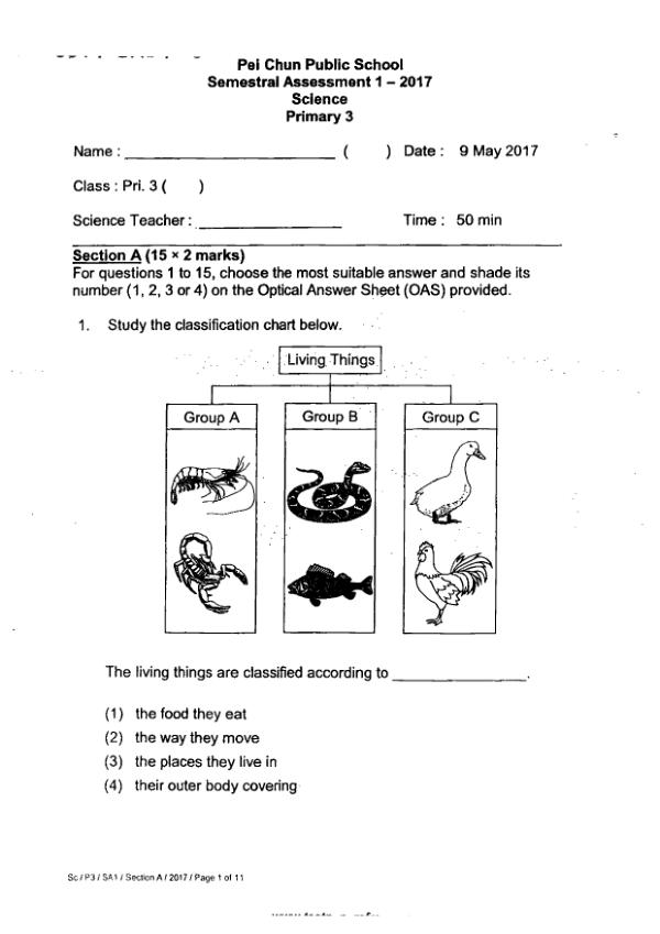 Pei Chun P3 Sci WA2 2017 exam paper PDF first page preview