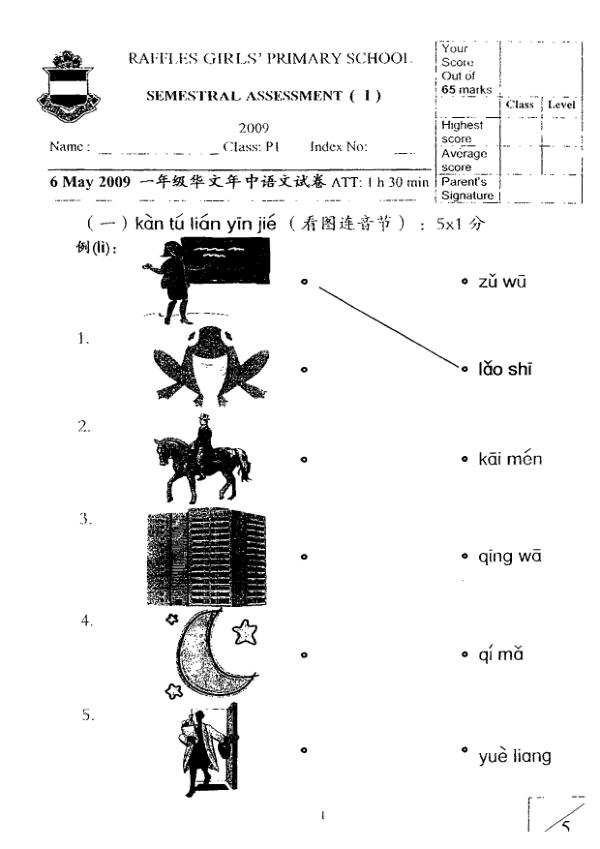 Raffles Girls P1 Chi WA2 2009 exam paper PDF first page preview