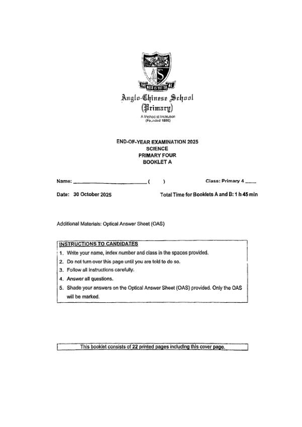 First page preview of P4 Sci 2025 SA2 — Anglo Chinese