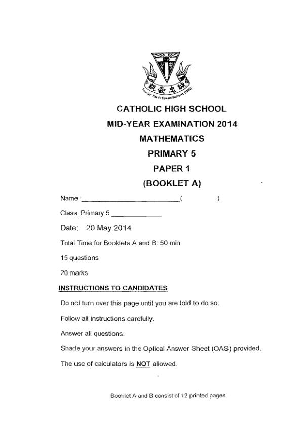Catholic High P5 Math WA2 2014 exam paper PDF preview