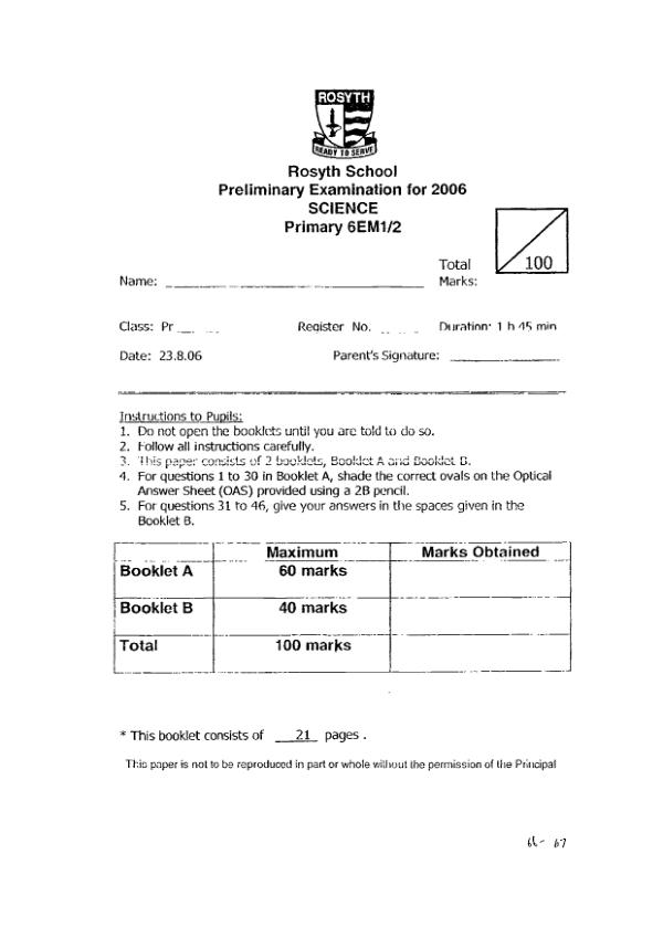 Rosyth P6 Sci SA2 2006 exam paper PDF preview