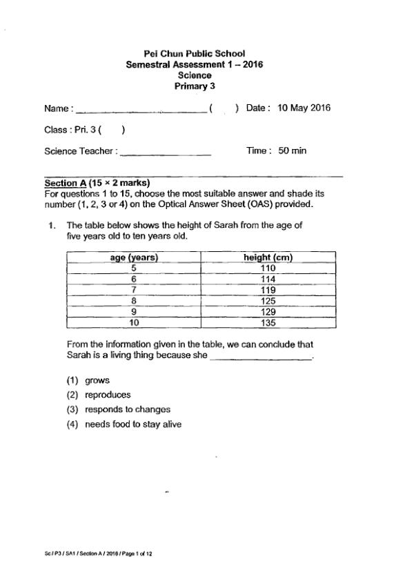 Pei Chun P3 Sci WA2 2016 exam paper PDF first page preview
