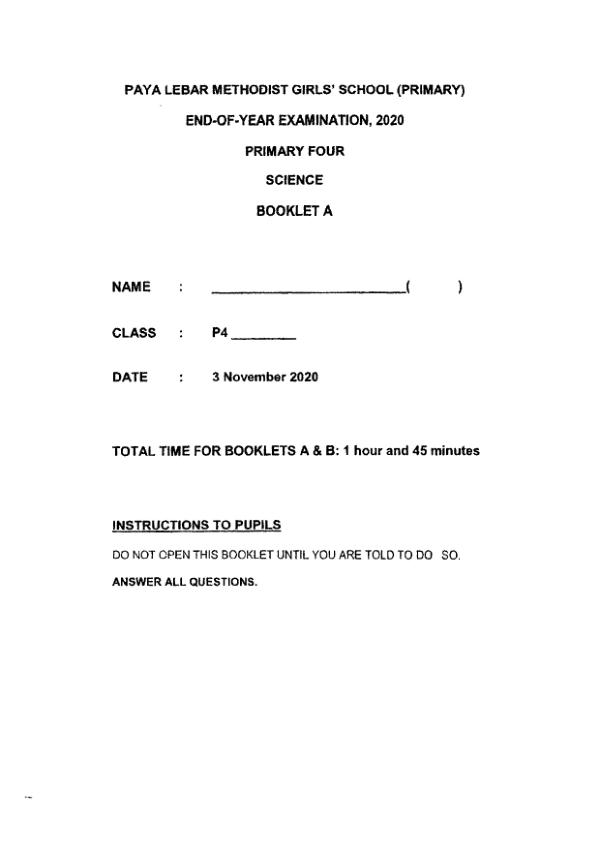 Methodist Girls P4 Sci SA2 2020 exam paper PDF first page preview
