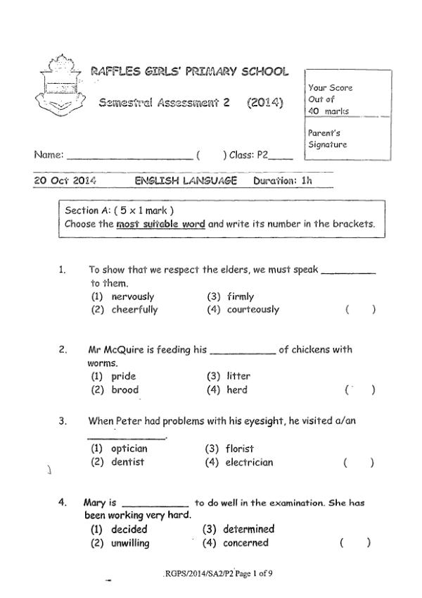 Raffles Girls P2 Eng SA2 2014 exam paper PDF first page preview