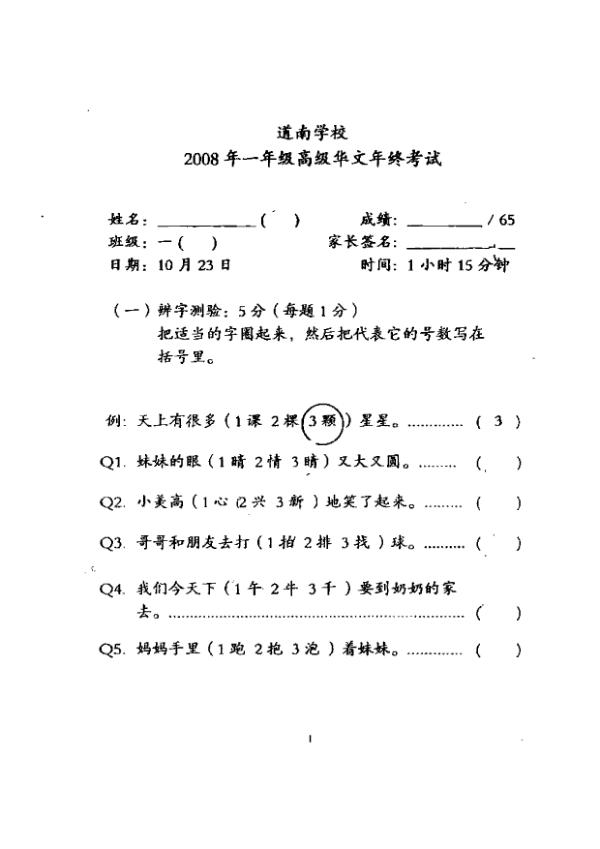 Tao Nan P1 Chi SA2 2008 exam paper PDF preview