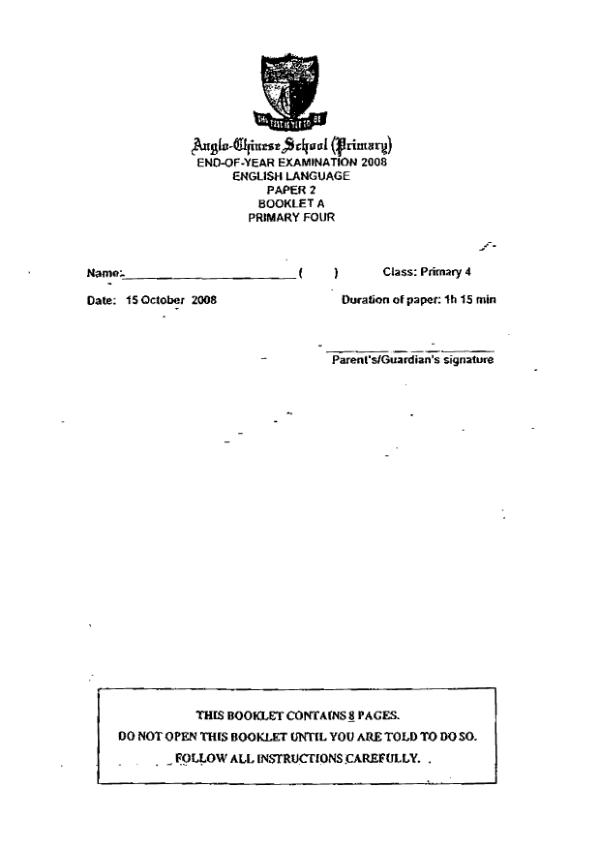 Anglo Chinese P4 Eng SA2 2008 exam paper PDF preview