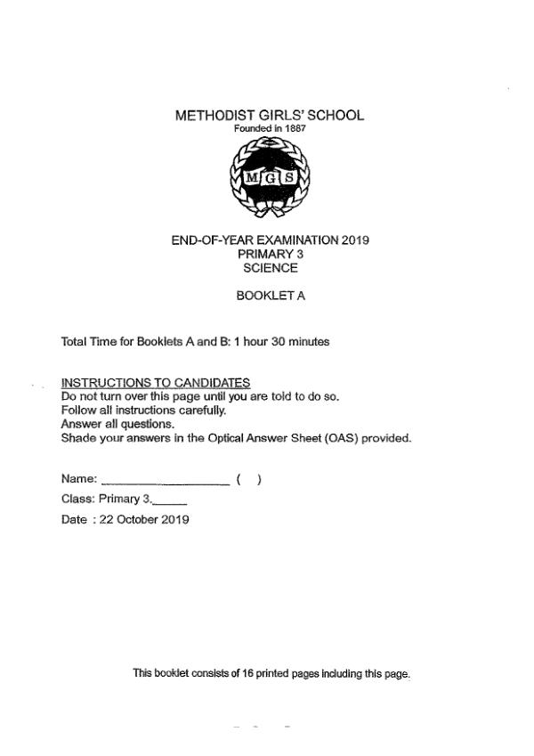 Methodist Girls P3 Sci SA2 2019 exam paper PDF first page preview