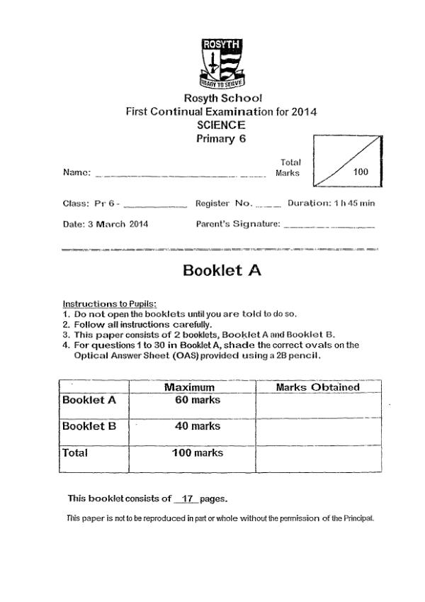Rosyth P6 Sci WA1 2014 exam paper PDF preview