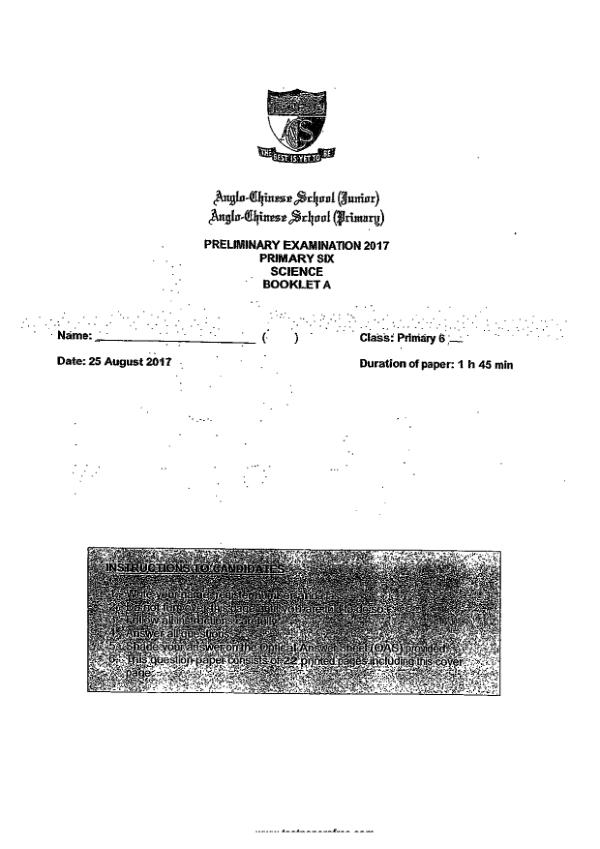 Anglo Chinese P6 Sci SA2 2017 exam paper PDF first page preview