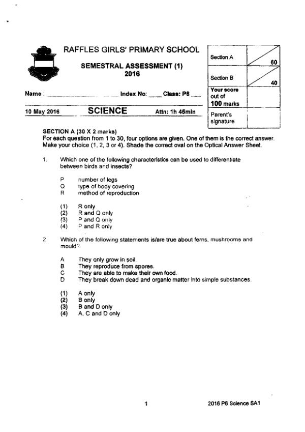 Raffles Girls P6 Sci WA2 2016 exam paper PDF first page preview