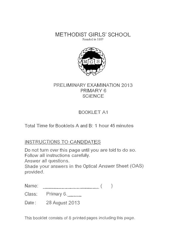 Methodist Girls P6 Sci SA2 2013 exam paper PDF preview