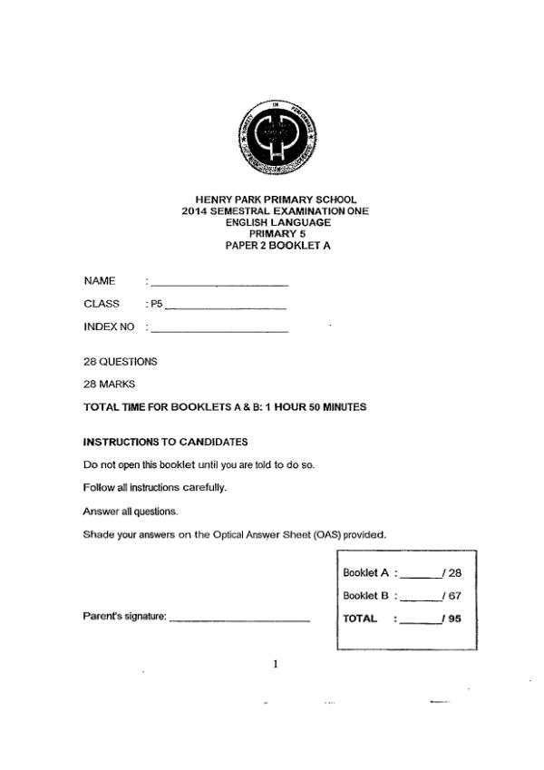 Henry Park P5 Eng WA2 2014 exam paper PDF first page preview