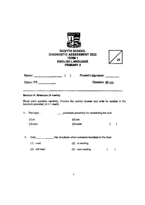 Rosyth P3 Eng WA3 2022 exam paper PDF first page preview