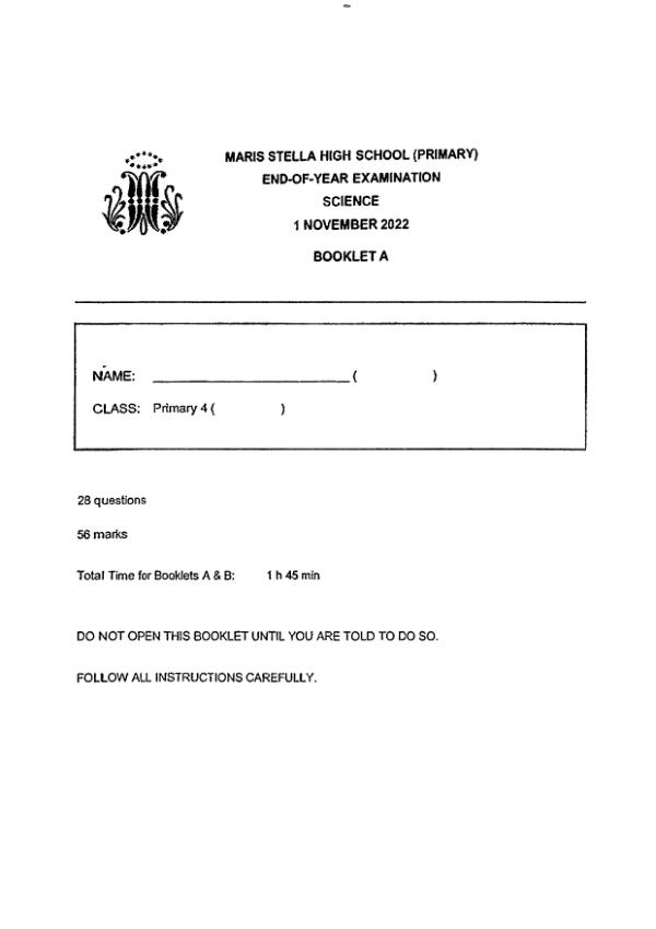 Maris Stella High P4 Sci SA2 2022 exam paper PDF preview