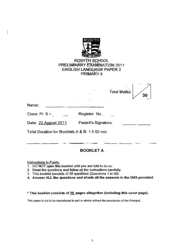Rosyth P6 Eng SA2 2011 exam paper PDF first page preview