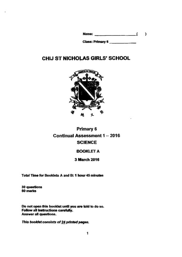 CHIJ P6 Sci WA1 2016 exam paper PDF preview