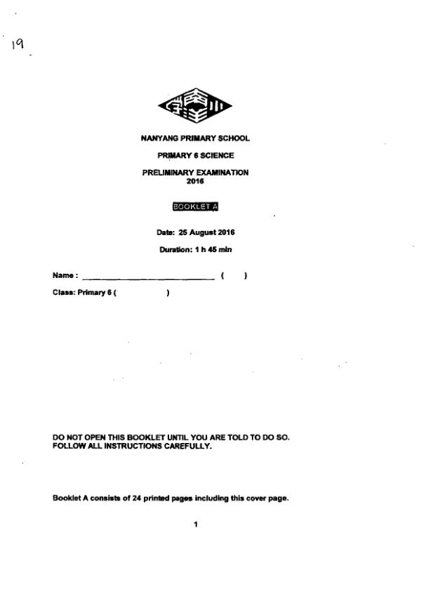 Nanyang P6 Sci SA2 2016 exam paper PDF first page preview