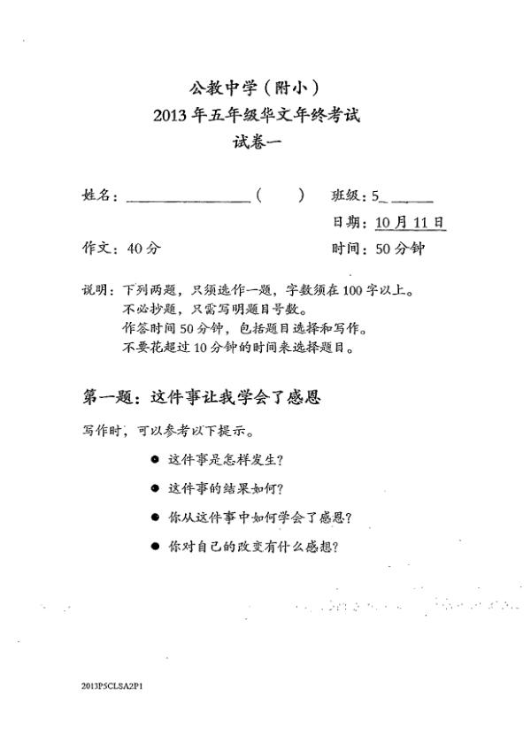 Catholic High P5 Chi SA2 2013 exam paper PDF first page preview