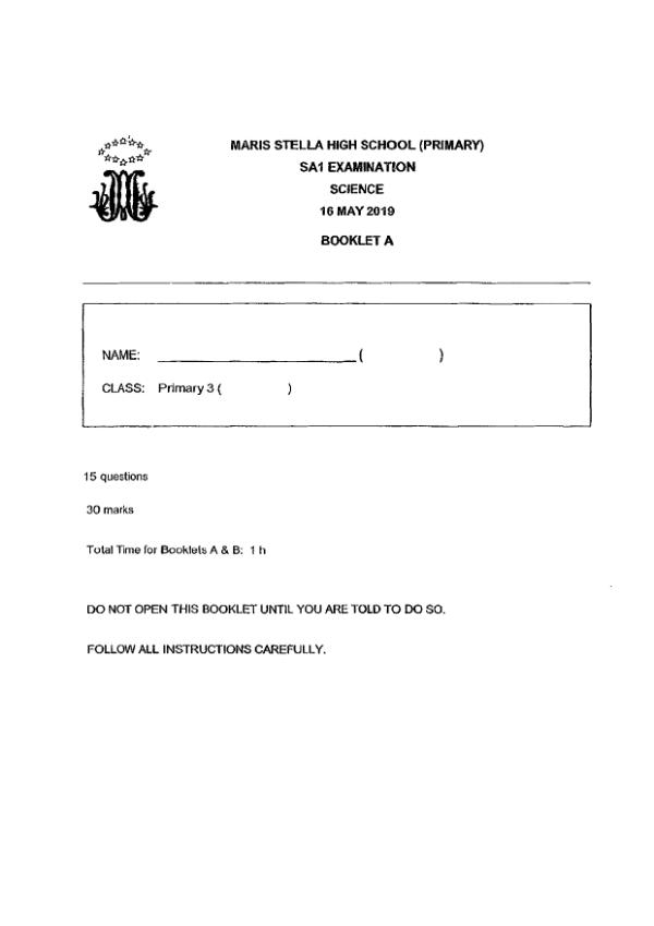 Maris Stella High P3 Sci WA2 2019 exam paper PDF first page preview