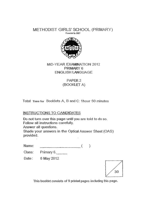 Methodist Girls P6 Eng WA2 2012 exam paper PDF first page preview