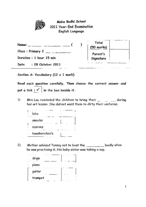 Maha Bodhi P2 Eng SA2 2011 exam paper PDF first page preview