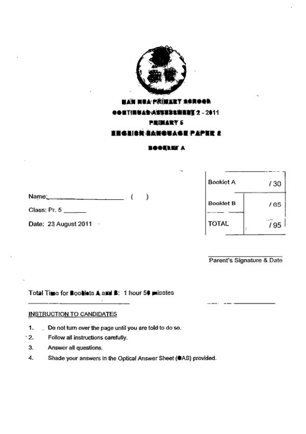 Nan Hua P5 Eng WA3 2011 exam paper PDF first page preview