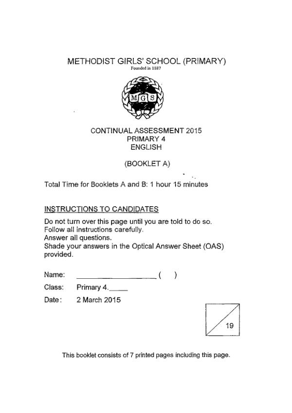 Methodist Girls P4 Eng WA1 2015 exam paper PDF preview