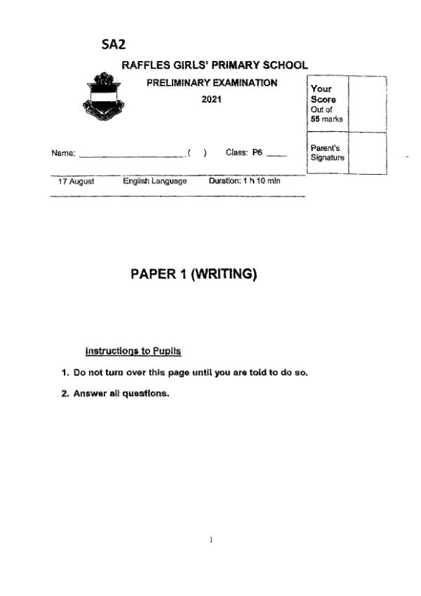 Raffles Girls P6 Eng SA2 2021 exam paper PDF preview