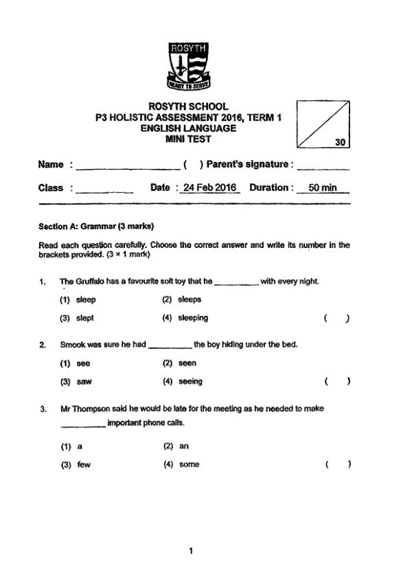 Rosyth P3 Eng WA1 2016 exam paper PDF preview
