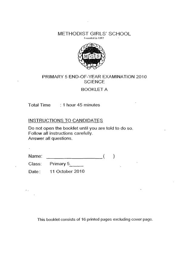 Methodist Girls P5 Sci SA2 2010 exam paper PDF preview