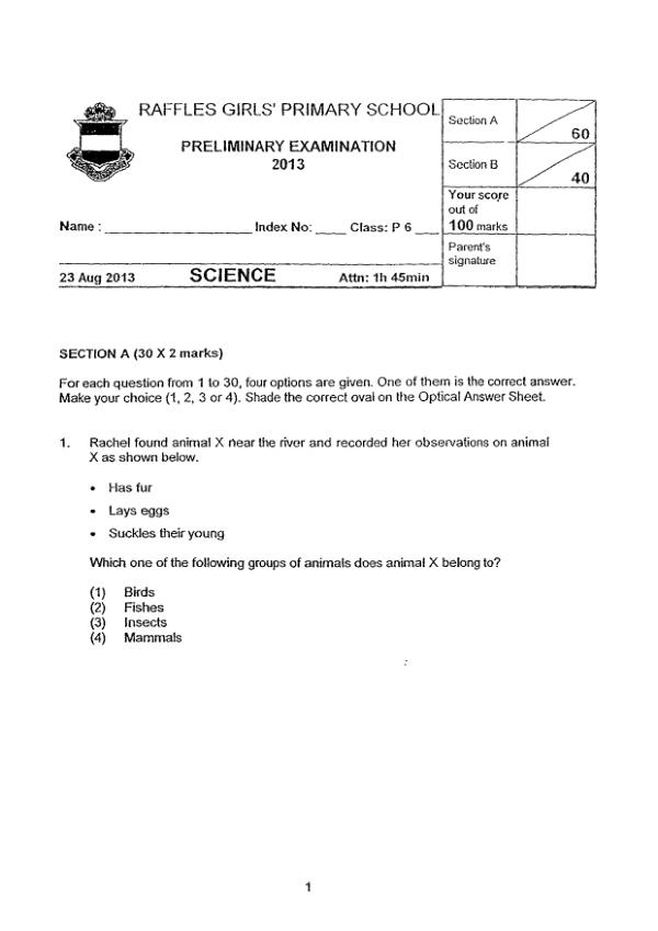 Raffles Girls P6 Sci SA2 2013 exam paper PDF preview