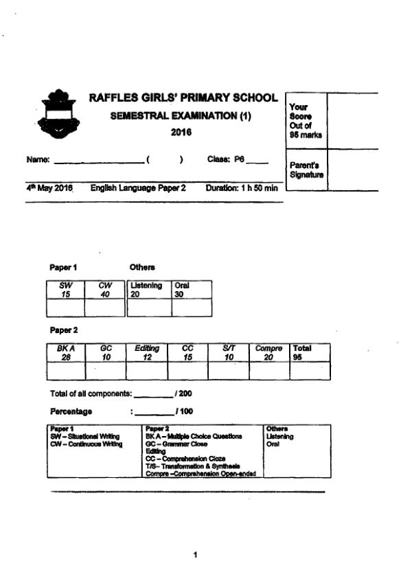 Raffles Girls P6 Eng WA2 2016 exam paper PDF first page preview