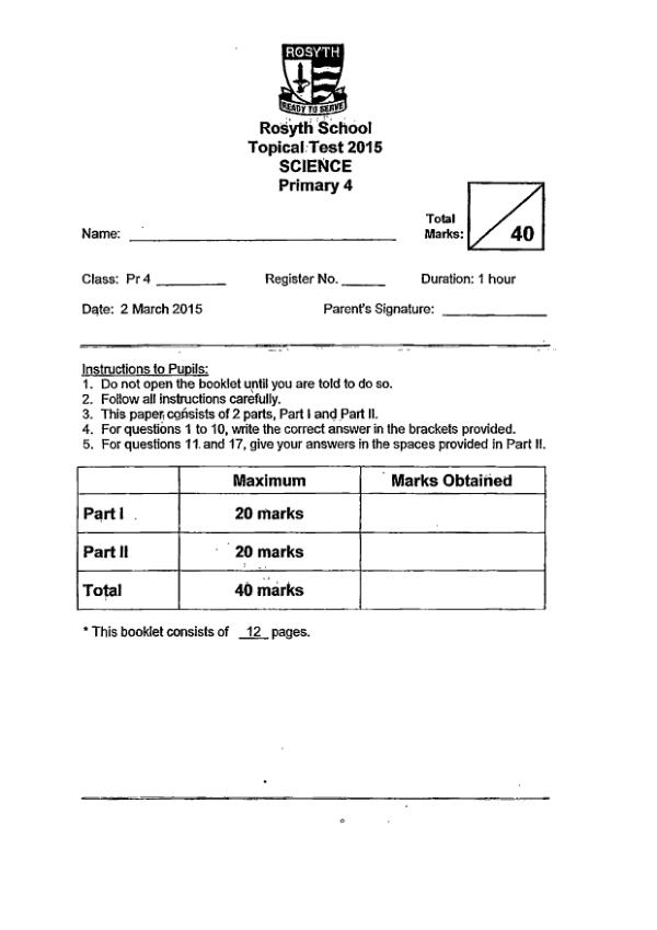Rosyth P4 Sci WA1 2015 exam paper PDF preview