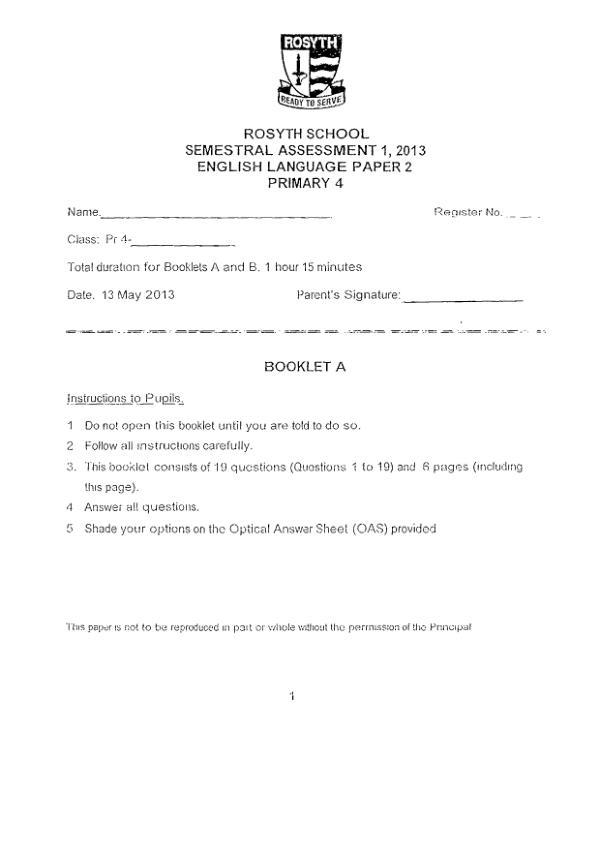 Rosyth P4 Eng WA2 2013 exam paper PDF preview