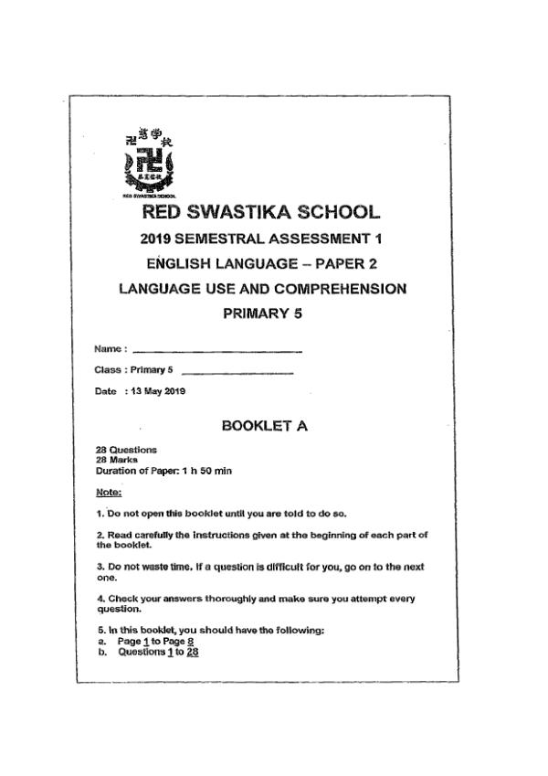 Red Swastika P5 Eng WA2 2019 exam paper PDF first page preview