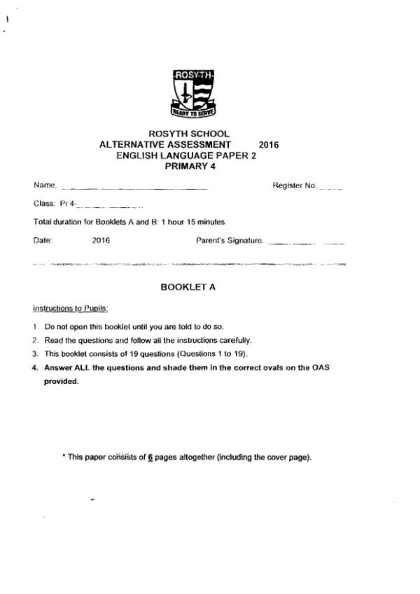 Rosyth P4 Eng WA1 2016 exam paper PDF preview