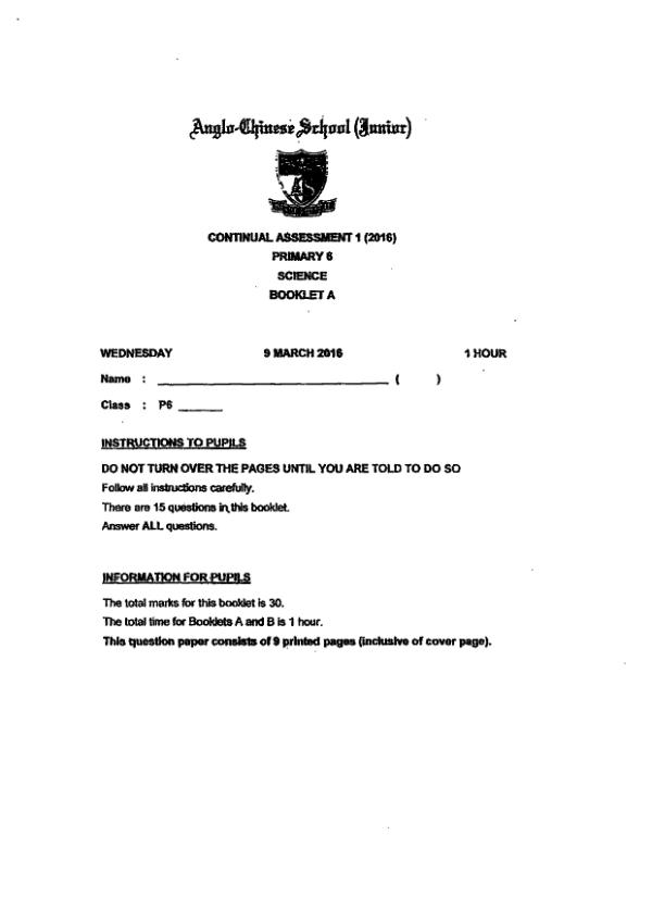 Anglo Chinese P6 Sci WA1 2016 exam paper PDF preview